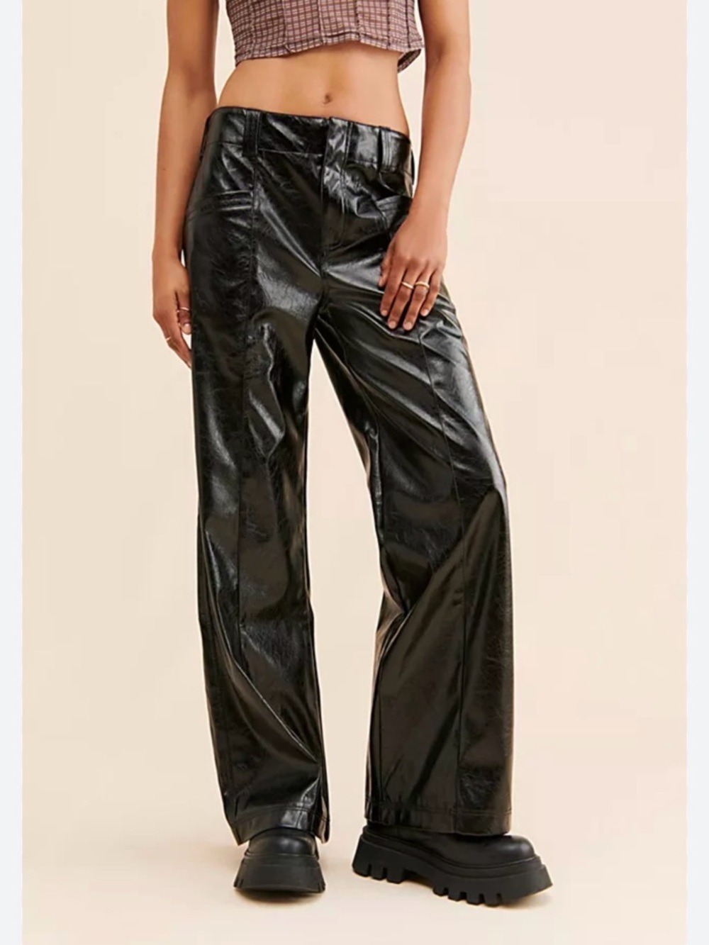 Free People Star crossed lovers Black High-Shine Wide-Leg Vegan Leather Pants 0